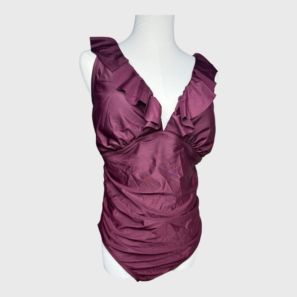 Kona Sol Womens One Piece Shirred‎ Wrap Swimsuit Size 14W Purple Tummy Control